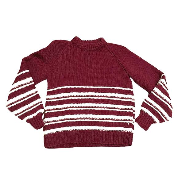 Vintage 80s burgundy red and white striped knit pullover sweater M - Picture 1 of 5